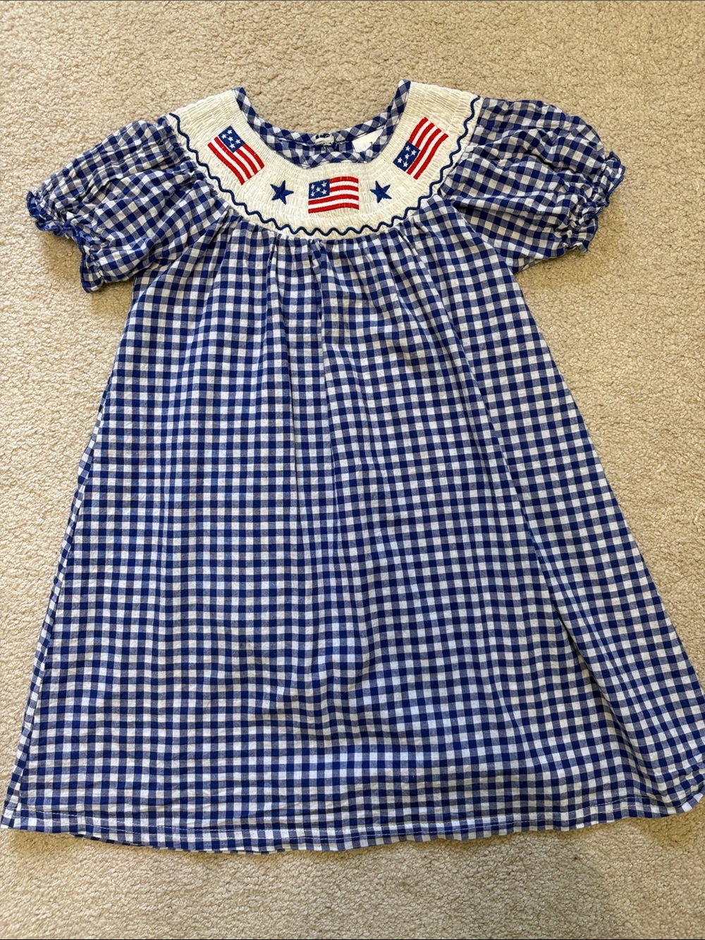 Blue and White Gingham Dress with Flag Smocking
